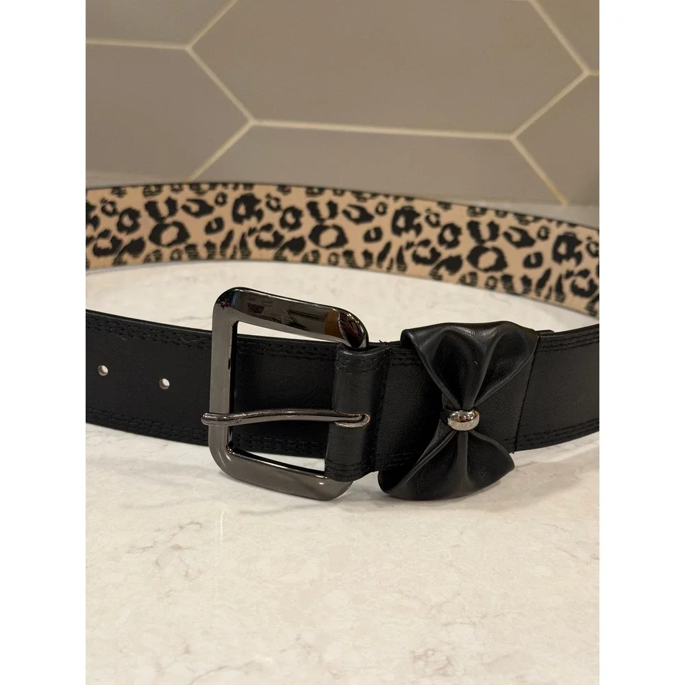Betsey Johnson Womens Black Bow Belt Leopard Print Lining Gunmetal Buckle